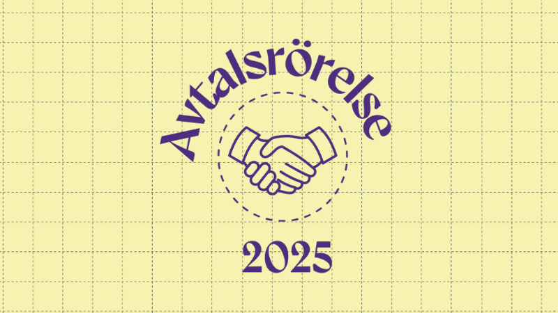 En gul bakgrund med en lila logotyp och två händer som skakar varandra.
