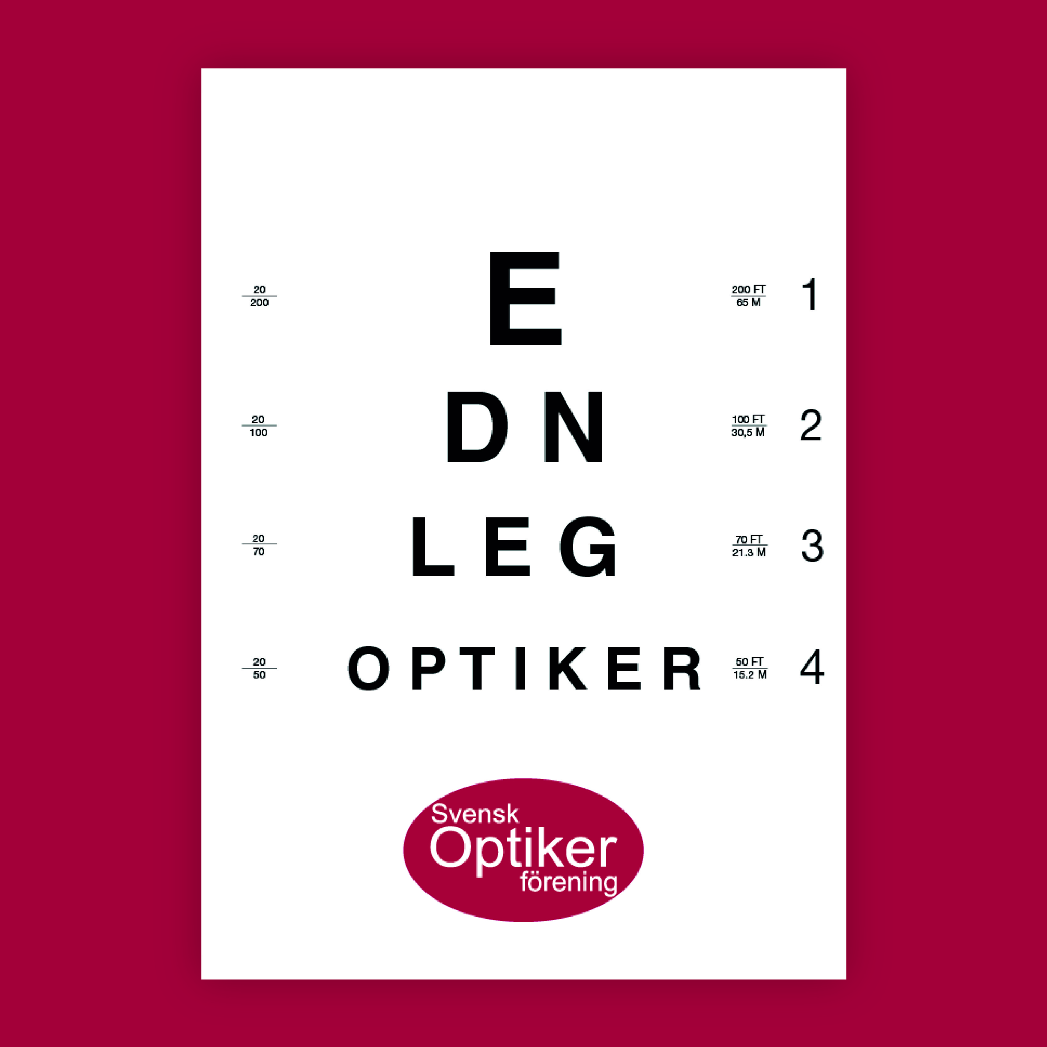 En optikertavla med röd bakgrund.